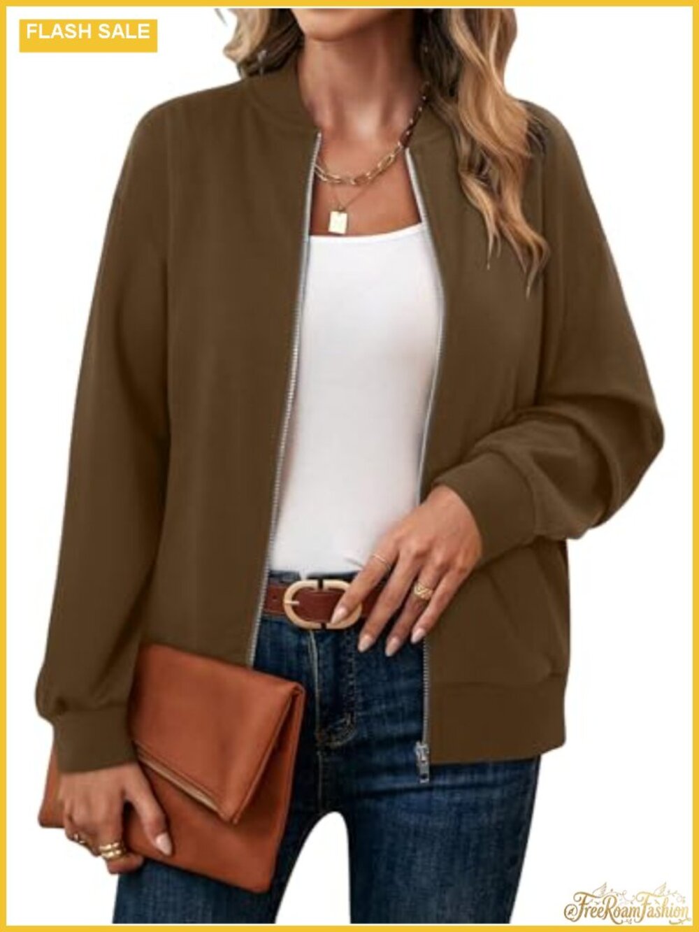 Women's Zip Up Long Sleeve Bomber Jacket with Pockets Casual